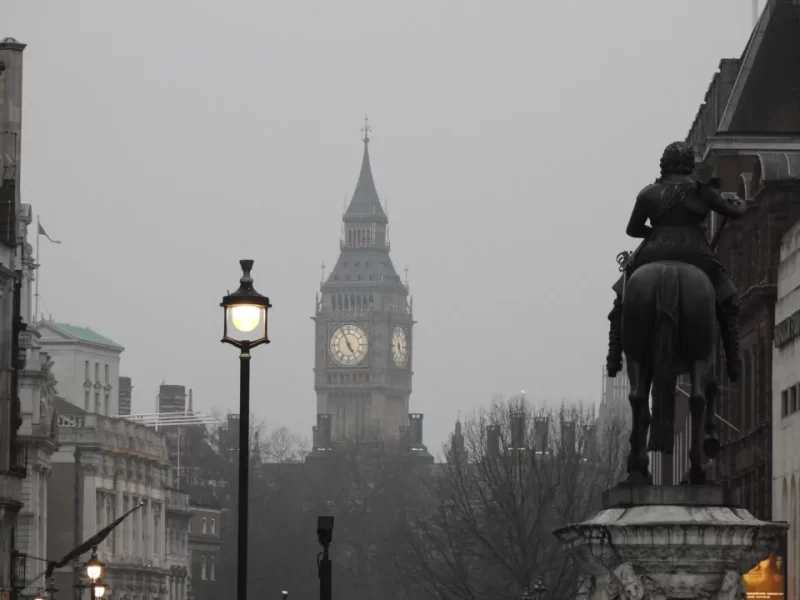 Image of Big Ben in a misty evening against a dark grey sky
