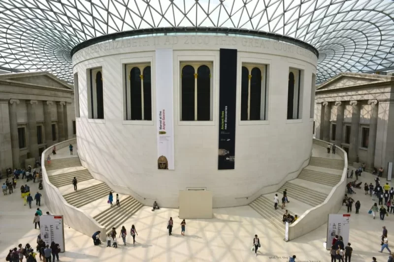 A wide angled high view of the interior of the the iconic British Museum, quite the London landmark! The image show the curvature of the interior. 