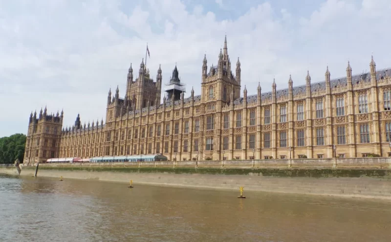 A wide angled view of the Palace of Westminster, also known as the Houses of Parliament.