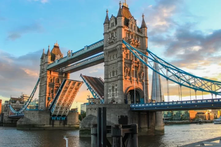 Afternoon view of Tower Bridge with raised bridge visible