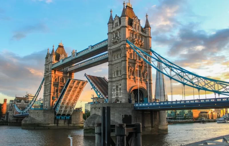 Afternoon view of Tower Bridge with raised bridge visible