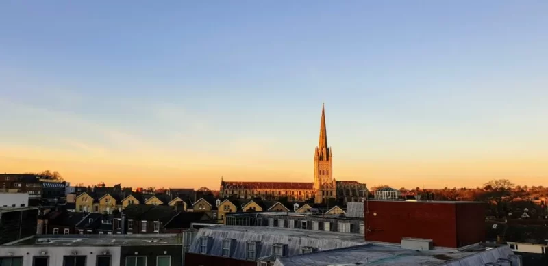 View of Norwich city at sunset. One more fantastic place to visit to add to your day trip in London list