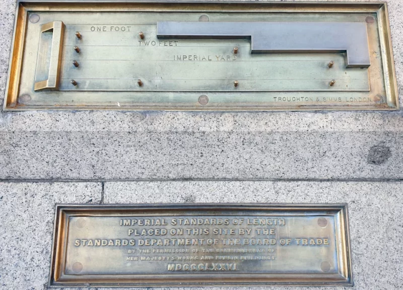 View of bronze plaque and standard units of measure at Trafalgar Square