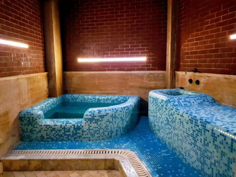 Blue tiled baths in the private room at Orbeliani Baths in Tbilisi