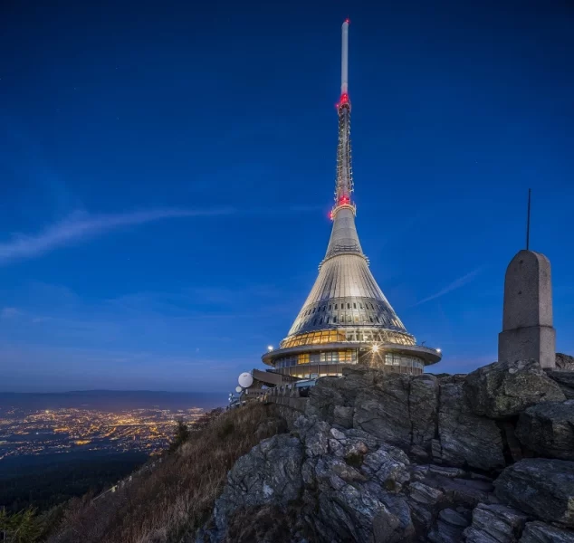 The exterior of the Jested Tower in Liberec, Czech Republic