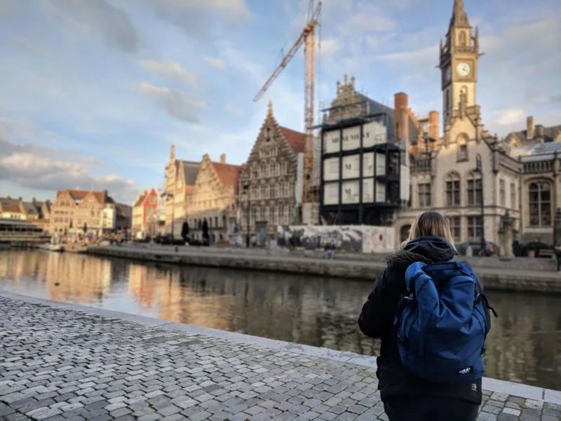 CabinZero backpack being worn by Roma during travel to Ghent Belgium