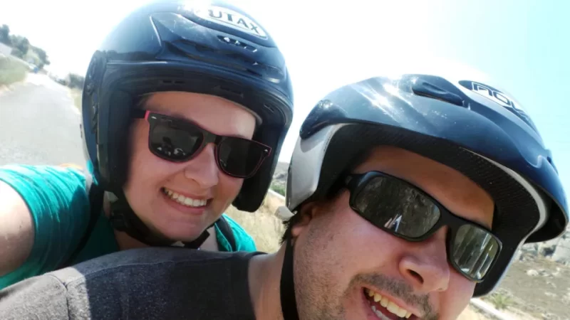 Roma and Russ selfie on a quad bike in Greece