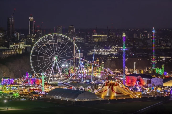 Winter Wonderland Hyde Park at night aerial view from above