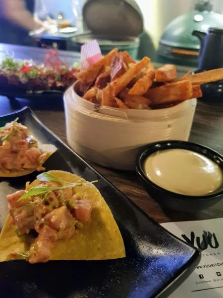 Close up of Cassava Fries and Spicy Tuna Tostada