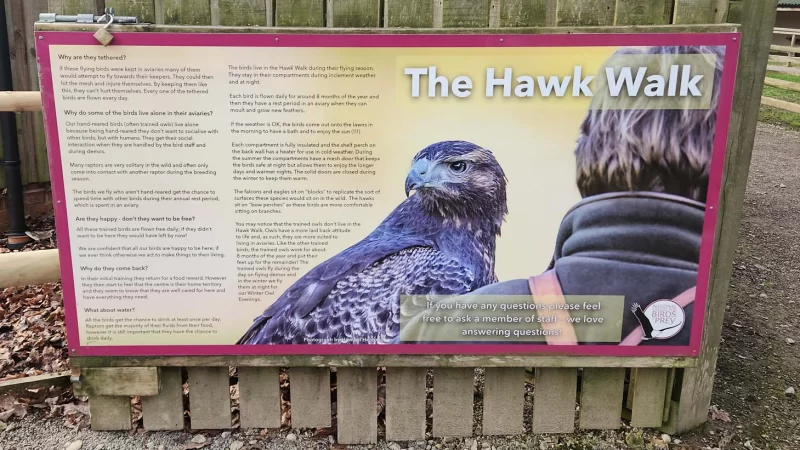 The Hawk Walk signage at the National Centre for Birds of Prey