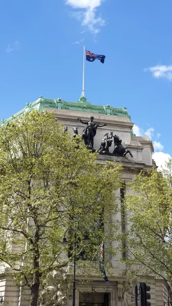 Exterior of Australia House in London with Australian flag visible