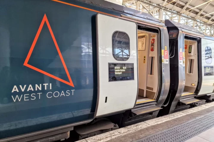 Exterior of Avanti West Coast train carriage showing logo