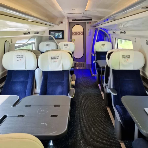 Standard Premium seats and tables aboard an Avanti West Coast train