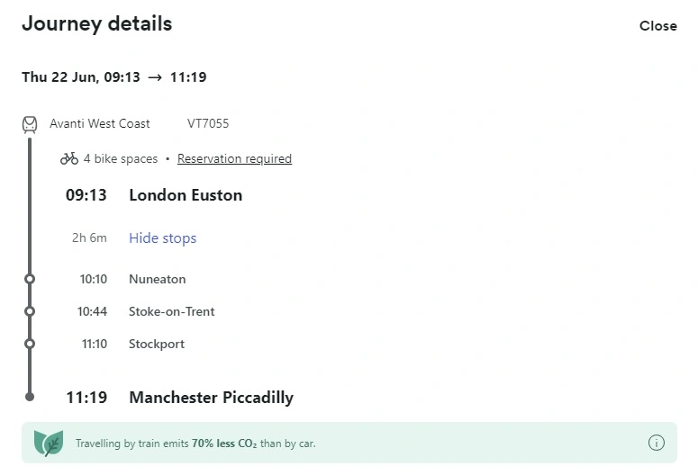 Ticket information showing Avanti West Coast train journey from London Euston to Manchester Piccadilly