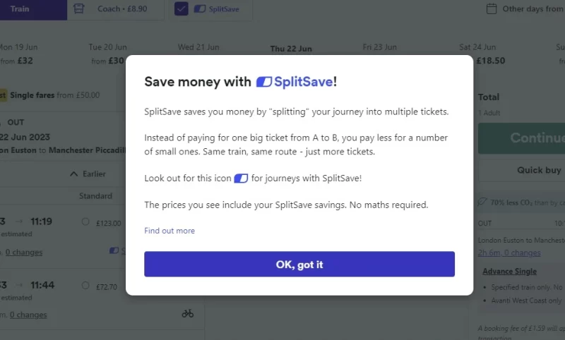 Split Ticketing is now a toggle option in the Trainline website called SplitSave