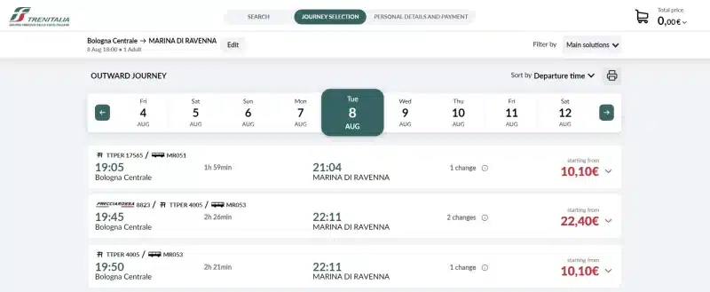 Screenshot from Trenitalia for booking train & bus tickets from Bologna to Ravenna Marina (Porto Corsini)
