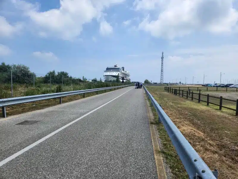 Walking from the bus stop to the cruise terminal in Ravenna Italy