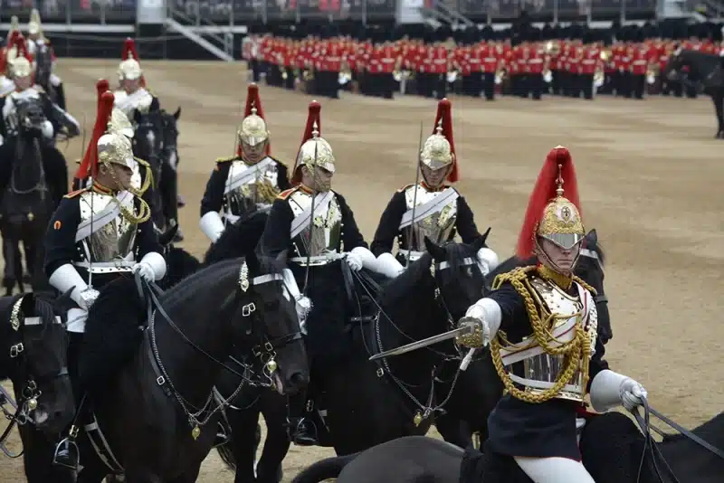 Trooping the Colour in London. Soldiers on horseback.