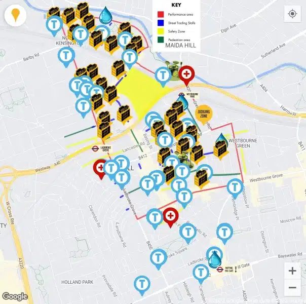 Notting Hill Carnival toilets map from NHC app