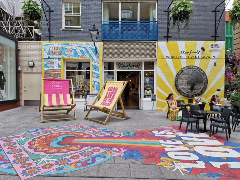 The new location for Stanfords bookshop in London, Mercer Walk. Exterior view