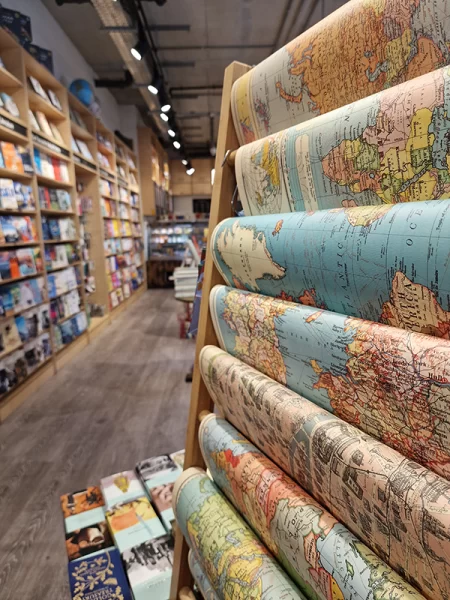 Close up of maps for sale at Stanfords bookshop in London