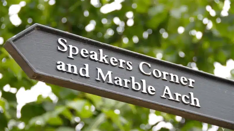 Sign for Speakers Corner in Hyde Park, London