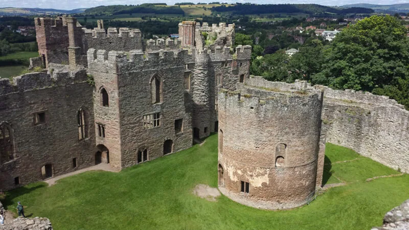 Interior of castle with green courtyard