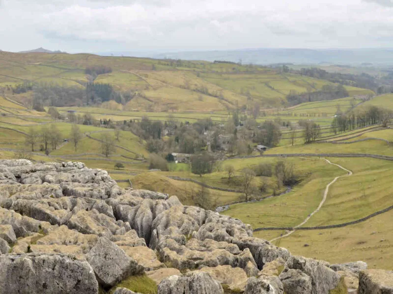 aerial view of valley in Malham Cove