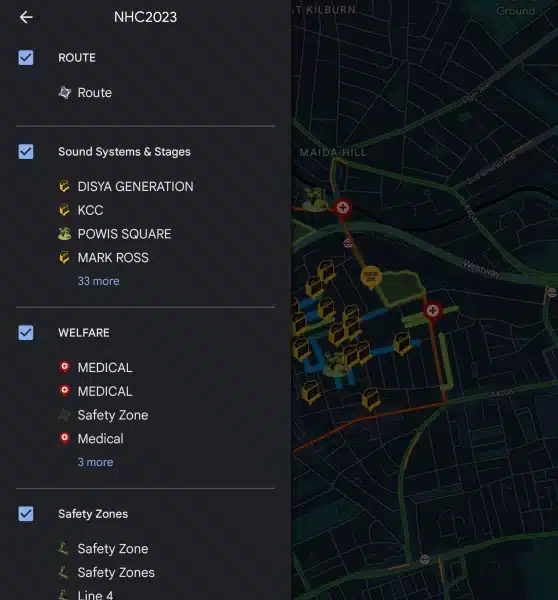 Notting Hill Carnival 2023 map legend from organiser website