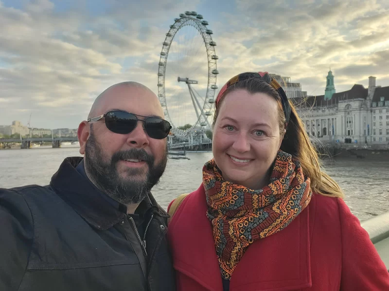 roma and russ in London with the London Eye in the background