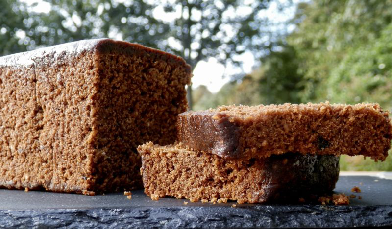 Parkin sliced on a slate platter