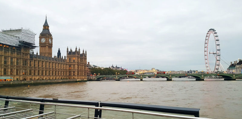 Big Ben and the Houses of Parliament and the London Eye across the Thames