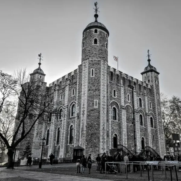 A black and white photo of the White Tower, inside The Tower of London